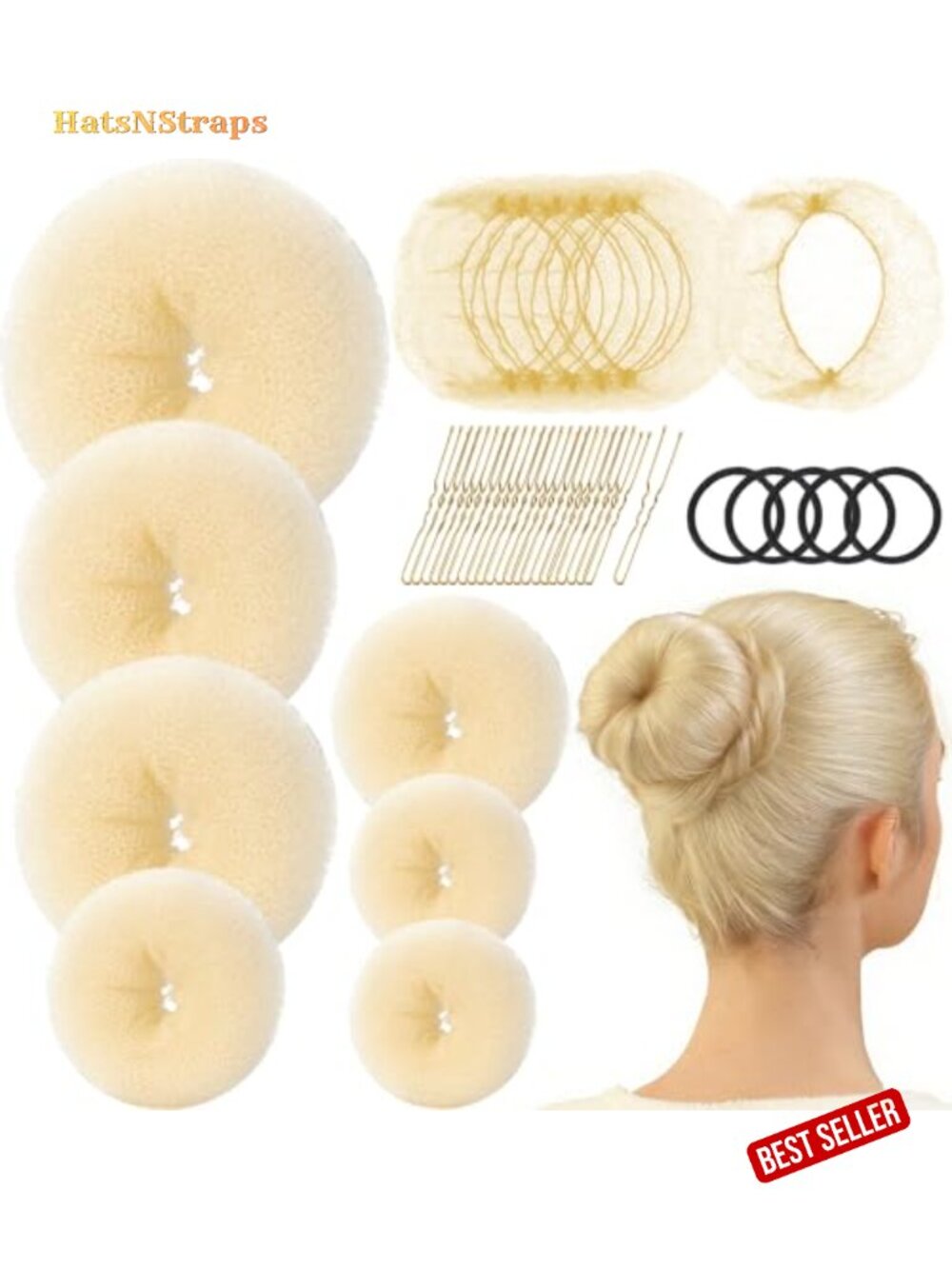 Hair Bun Maker Set 7 Pcs Donuts Nets Bobby Pins Elastics Nylon